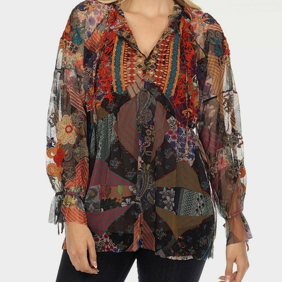 Johnny Was Tops - Johnny Was Biya Ilyana Mesh Embroidered Blouse Boho Chic B11323. Size S